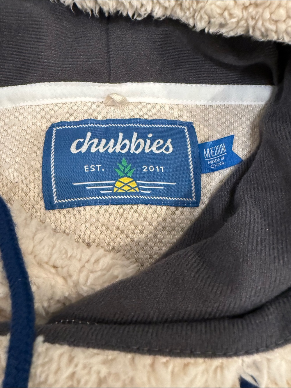 Chubbies Cream Sherpa Hoodie with Navy Label and Pineapple